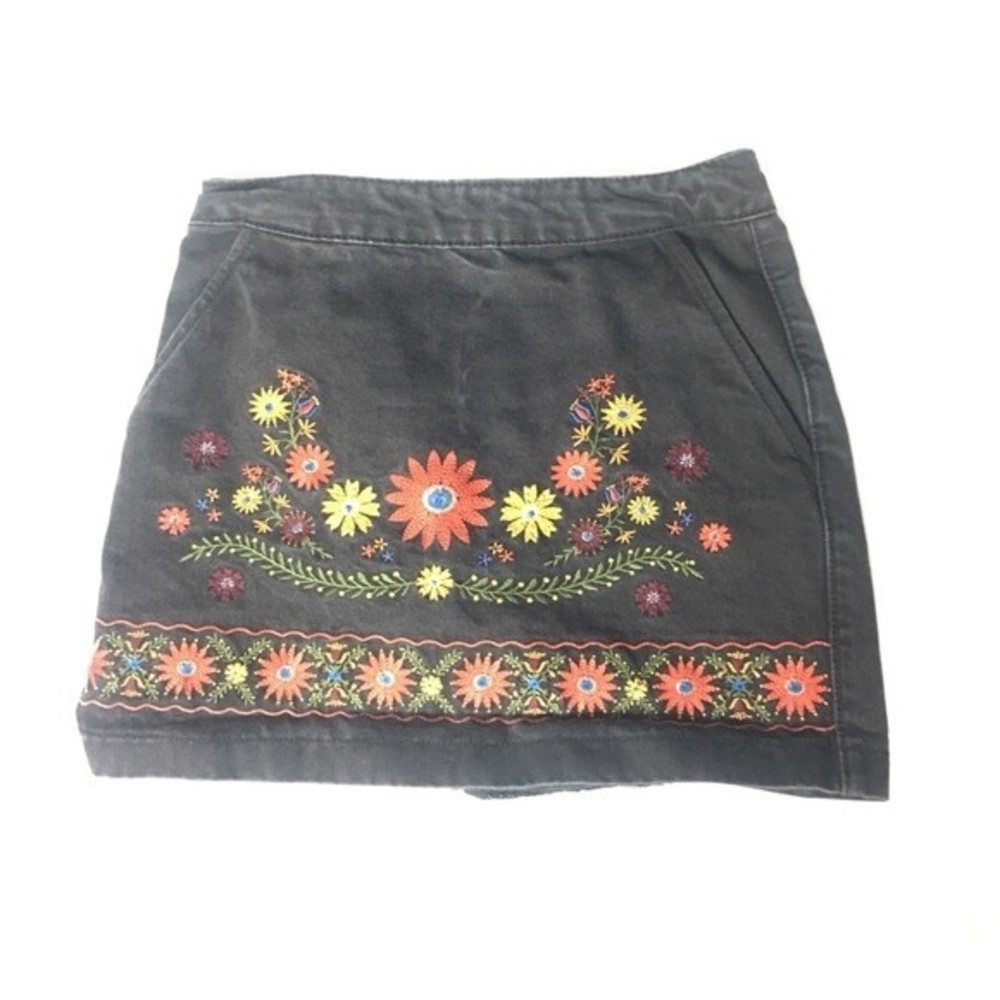Black Denim Floral Mini Skirt